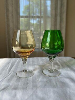 Empoli Style Amber Verde Cordial Glasses Barley Twist Stem Vintage